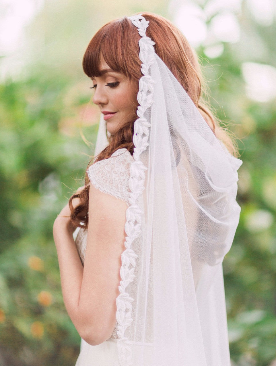 Love Story-English Net Drop Veil with Embroidered Leaf Trim- Online Exclusive